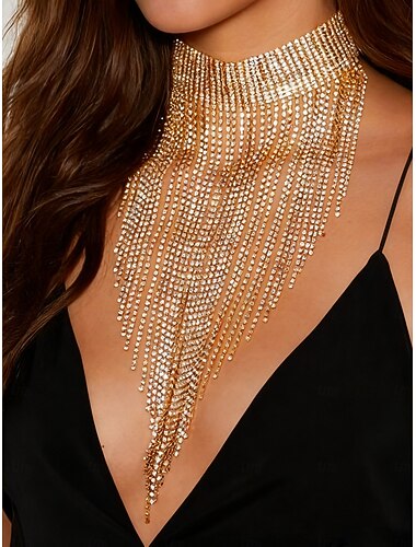  Collier ras-de-cou à franges en strass dorés pour femme - bijou de luxe idéal pour les cocktails, les soirées et les occasions formelles