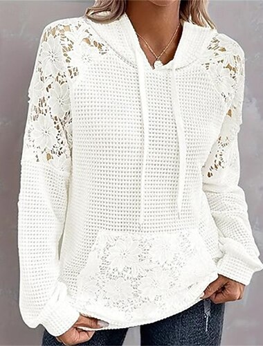  Γυναικεία Φούτερ πουλόβερ με κουκούλα και πουλόβερ Φλοράλ Σκέτο Κομψό Ζεστό Μοντέρνα Μακρυμάνικο Με Κουκούλα Κανονικά μπλουζάκια Σπίτι Δουλειά Δρόμος Κορδόνι Κουρελού Τσέπη Λευκό Άνοιξη Φθινόπωρο