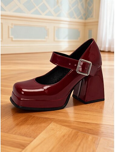  Rosa Mary-Jane-Pumps aus Lacklederimitat für Damen – klobiger Blockabsatz mit verstellbarem Riemen, perfekt für Valentinstag, Alltag und Partys