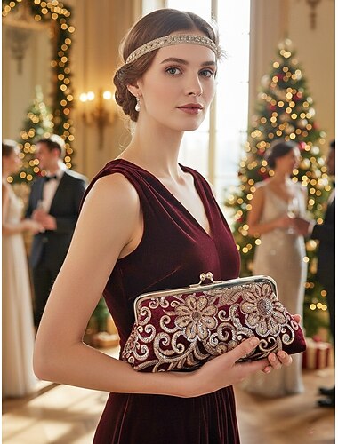  Women's Sequin Clutch Purse – Polyester Material, Multiple Colors, Embellished with Metallic Floral Design, Includes Chain for Shoulder Carry, Ideal for Weddings, Parties and Evening Events