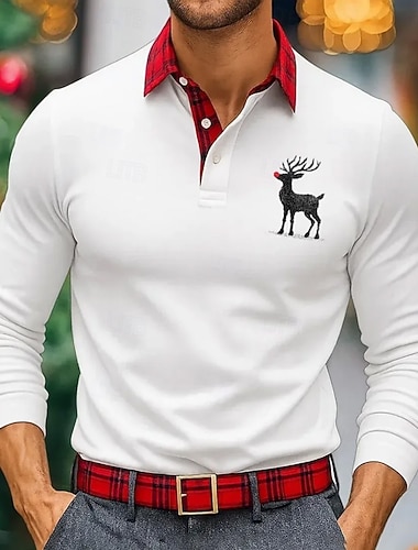  Noël Homme Chaque Polo manche longue Polos Revers Occasionnel Extérieur Athleisure Vêtements de festival Impression 3D Boutons Printemps Automne Hiver Noir Blanche Rouge