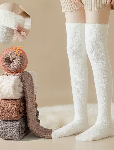  kvinners knehøye, lodne sokker, myke, lange, lårhøye, varme strømper, koselige tøfler, plysjsokker