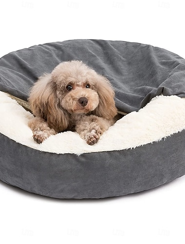  Kleines Hundebett/Katzenbett mit Kapuze, kuscheliges Luxus-Welpenbett, rundes, beruhigendes Hundehöhlenbett in Donutform – rutschfest
