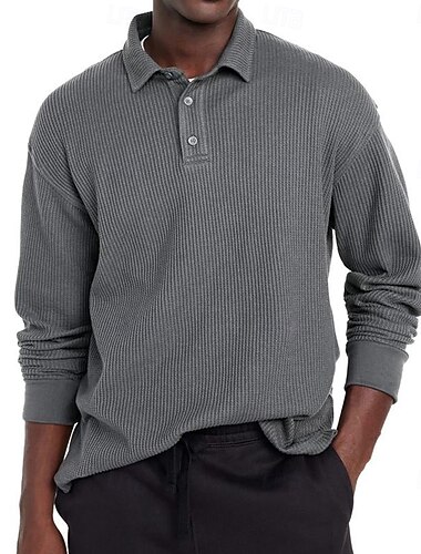  Homens Côr Sólida Tecido Camisas Polo Waffle Manga Longa Moda O negócio Roupa Esportiva Casual / Diário Botões Puro Todas as Estações Violeta Preto Vermelho