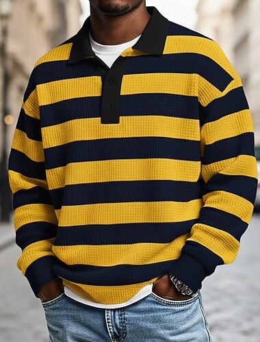  Herre Horisontale strimler Vaffel poloskjorter Rugby Polo Rugby polo skjorter Langærmet Polo skjorter Knaphul Sportstøj Afslappet Skole atletiktøj Dagligdagstøj 3D-udskrivning Forår Efterår Vinter