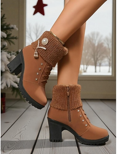  Braune Damen-Ankle-Boots mit hohem Absatz – Schnürstiefel aus Kunstleder für den Winter mit Strickbündchen und Perlenverzierung für Weihnachts- und Alltagsoutfits