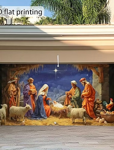  Weihnachtliche Garagentorabdeckung, große, hängende Kulisse mit Krippenszene zur Geburt Jesu für Kirche, Haus, Garten, Weihnachtsfeier und religiöse Festlichkeiten.