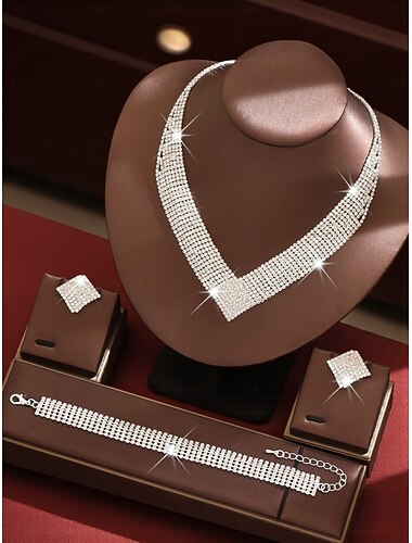  Zestaw biżuterii damskiej ze złota z kryształkami - lśniący naszyjnik, bransoletka &kolczyki, efektowne dodatki na wesela i wieczory &wydarzenia specjalne