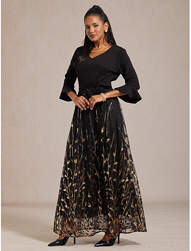  γυναικείο μάξι φόρεμα σε γραμμή α φόρεμα με πούλιες κεντημένο τούλι φόρεμα κομψό πάρτι βραδινό πάρτι κανονική εφαρμογή φύλλο μανίκι 3/4 με V λαιμόκοψη μαύρο άνοιξη φθινόπωρο χειμώνας