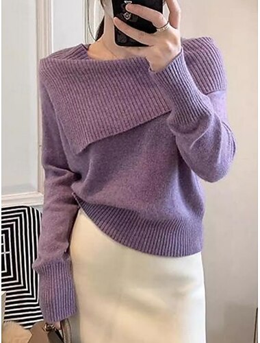  Жен. Вязаная ткань На каждый день Мягкий Чистый цвет Рельефный узор С открытыми плечами Трикотаж Длинный рукав Обычные топы Вязать на открытом воздухе Повседневные выходные Синий Черный Осень Зима