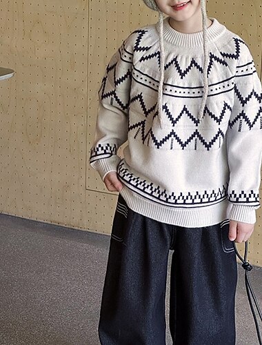  Dzieci Dla chłopców Sweter sweter Geometryczny Długi rękaw Zatrzymujący ciepło Na zewnątrz Moda Granatowy Jesień Odzież 4-12 lat