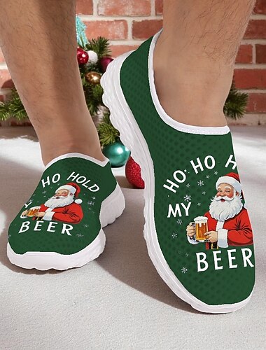  Herresko med juleøl og nissemotiv - morsomme slip-on-sneakers med trykk og pustende detaljer, uformelle høytidssko til fester og gaver