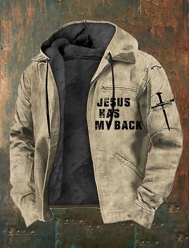  Homens Full Zip Hoodie Casaco de lã Moletom de lã Adamascado Marron Com Capuz Letra Cruz Zíper Bolsos Casual Diário Para Noite Poliéster Roupa de rua Retro Casual Outono Inverno Roupa Moletons