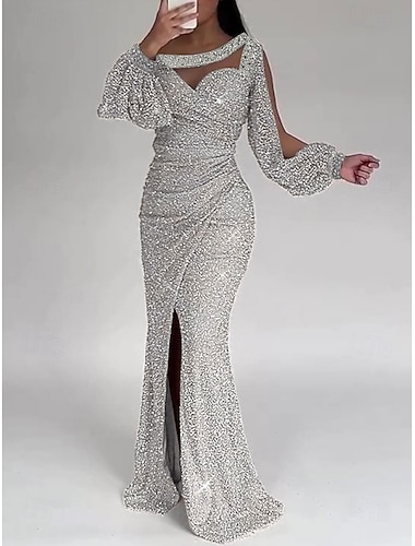  Русалка С коротким шлейфом Выпускные платья Вечернее платье С пышной юбкой Торжественное платье Для вечеринки Длинный рукав Совок шеи Официальные Пайетки с Блеск Рюши Pазрез