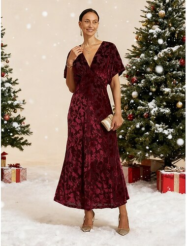  Kjole i fløyel kvinner Midi Dress Sheath Dress Elegant Fest Fest Bryllup Gjest Cocktail Party Regular Fit Solid Farge Blomster Uten ermer V-hals Rød Sommer Vår Høst Vinter