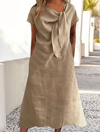  Damen-Midikleid aus Baumwolle und Leinen, Etuikleid, A-Linien-Kleid, Sommerkleid, Rüschenkleid, Urlaubskleid, lässiges Alltagskleid, lockere Passform, schlichtes Kurzarmkleid, Rundhalsausschnitt,
