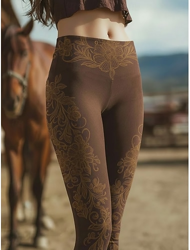  Dámské Legíny Společenské oblečení Pohodlné legíny prázdniny Vinobraní Etnický styl Plná délka Vysoký pas Grafika Potisk Pohodlné Elastické Ležérní Denní Dovolená Hnědá Jaro Podzim Slim