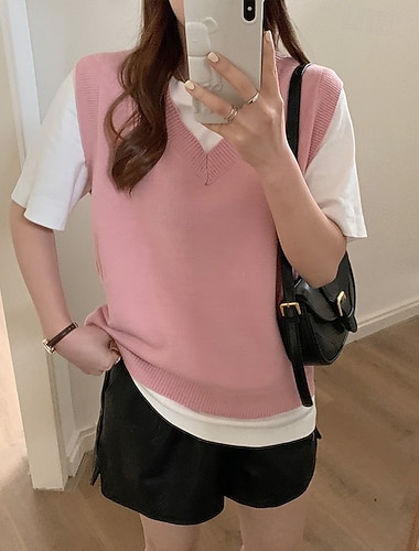  Dámské Svetr Rolák Vinobraní Šik ven Na běžné nošení Pevná barva Do V Pletený Bez rukávů Běžné topy Plést Denní Dovolená Jdeme ven Černá Světlá růžová Podzim Zima