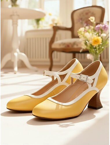  Naisten Korkokengät 오피스 / 비즈니스 Mary Jane -kengät Juhla Päivittäin Tekojalokivi Soljilla Kuubalainen korko Pyöreä kärkinen Tyylikäs Vintage Tekonahka Solki Musta Keltainen Pinkki