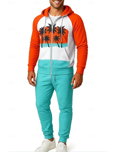  Per uomo Felpa con cappuccio Tuta da Ginnastica Tuta da 2 pezzi Coulisse Con zip Alberi / foglie Completo Abbigliamento Autunno Inverno Arancione Lavoro All'aperto Viaggio Leggero Di tendenza Manica
