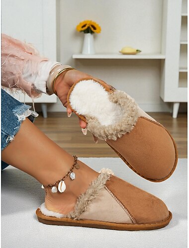  Papuci de casă pentru femei, model cămilă, cu tivitură din blană – saboți călduroși, din pluș, pentru dormitor, relaxare în interior și spa acasă