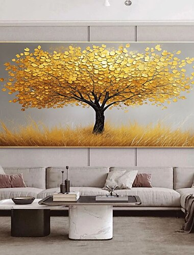  Pintura abstrata a óleo sobre tela de uma grande árvore dourada, uma obra de arte texturizada para parede. Pintura original da Árvore da Vida, decoração personalizada para sala de estar ou presente.