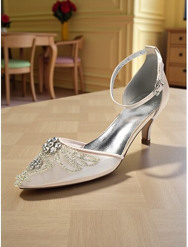  حذاء بكعب عالٍ من شبكة مزينة بالكريستال للنساء - حذاء أنيق من الساتان بمقدمة مدببة لحفلات الكوكتيل والمناسبات المسائية