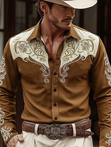  Homens Estampa floral Étnico Flores Camisa Social camisa ocidental Camisa de caubói Manga Longa Vintage retrô Casual Ao ar livre Roupa de Trabalho Primavera Outono Aberto para a Lateral Dois bolsos