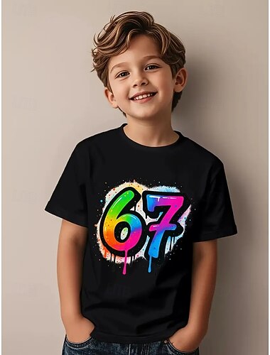  Katoen Kinderen Jongens Zwart Grafisch Grappige Slang 67 T-shirt Blouse Strakke ronde hals Korte mouw Buiten Dagelijks gebruik Modieus Streetwear Ontwerper Opdrukken Zomer