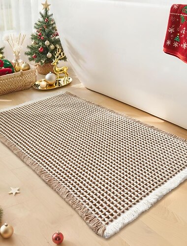  Waffel-Badematte im Boho-Stil, rutschfest, waschbar, super saugfähig und schnelltrocknend, kleine Badematte im Landhausstil, 45 x 75 cm, Khaki und Weiß