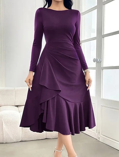  Dame Midikjole Festkjole Cocktail Kjole Elegant Moderne Aftenselskap Fest Cocktailfest Normal عادي Langermet Crew-hals Lilla Vår Høst