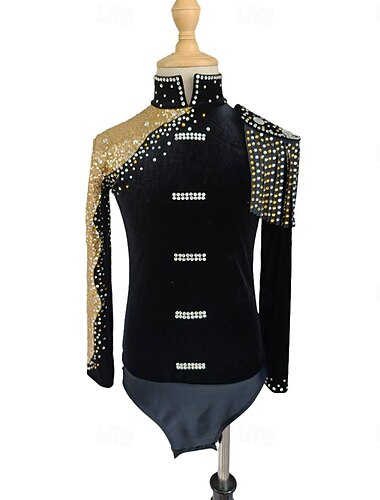  Kunstschaatstopje Voor heren Jongens Schaatsen Tops Zwart Lapwerk Spandex Hoge Elasticiteit Opleiding Professioneel Wedstrijd Kunstschaatskleding Klassiek Kristal / Bergkristal Lange mouw Schaatsen