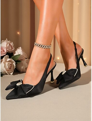  scarpe con tacco a spillo da donna con cinturino posteriore e fiocco &abbellimento con strass - scarpe eleganti per cocktail party & Vigilia di Capodanno