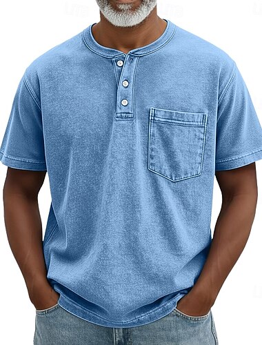  Homme Chemise Henley Chemise 100% coton délavée à l'acide T-shirt Manche Courte Rétro Vintage Occasionnel Boutonner Avec Poches Teinture en vêtement Henley Occasionnel Été Printemps Automne Marron