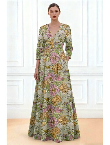  Krój A Sięgająca podłoża Suknia wieczorowa Suknia formalna Elegancja Sukienki półformalne Ślub nieformalny / dzienny Rękaw 3/4 W serek Impreza w ogrodzie Ślub Kieszonki Żakard z Plisy Kieszeń