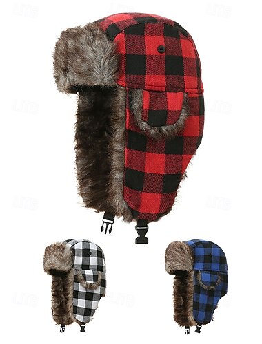  Ανδρικό χριστουγεννιάτικο καρό καπέλο με αυτιά, διαθέσιμο σε πολλά χρώματα, απαλή τεχνητή γούνα και πολυεστερικό υλικό, ιδανικό για χειμερινές υπαίθριες δραστηριότητες και χριστουγεννιάτικα δώρα