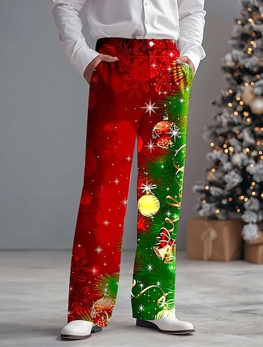  Noël Homme Arbre de Noël Motif de flocon de neige Boules de Noël Pantalons Dress Pants works Pantalons de Costume Taille Moyenne Mode Décontractée Extérieur Fête Pantalon habillé coupe décontractée
