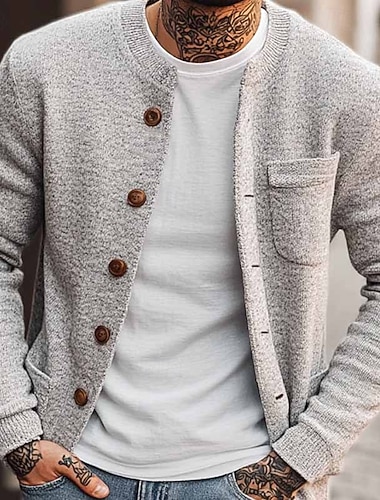  Herren Pullover Strickjacke Gerippt Stricken Normale Oberteile Knopf hoch Gestrickt Einfach Rundhalsausschnitt Urlaub Mode Lässig Alltagskleidung Bekleidung Frühling & Herbst Grau S M L