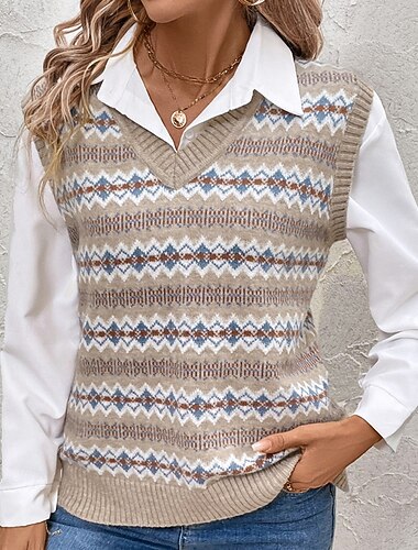  Жен. Вязаная ткань Свитер жилет Винтаж Уличный стиль На каждый день Геометрический принт V-образный вырез Трикотаж С принтом Без рукавов Обычные топы Вязать Повседневные Праздники На выход Хаки