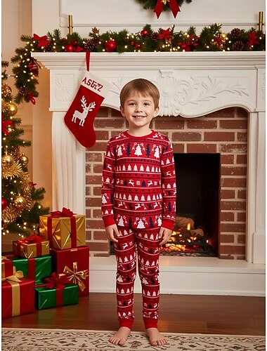  Navidad Chico 3D Graphic Cada Árbol de Navidad Pijamas de Navidad regalo de Navidad Conjuntos de pijamas Manga Larga Impresión 3D Otoño Invierno Activo Básico Niños 4 años + Cuello Barco Hogar Diario