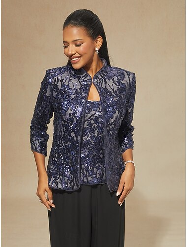  Női Blúz 2 darabos ruhák Öltözetes felsők Virágos Elegáns Háromnegyedes Mandarin gallér Normál felsők Estély Flitter Hímzett Sötétkék Tavasz Ősz Tél