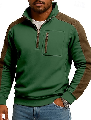  رجالي كنزة قف بجانب الطريق سويت شيرت بسحاب أسود عنابي أخضر كاكي رقبة طوقية مرتفعة سهل بقع جيب مكعبات الألوان الرياضة & في الخارج فضفاض مناسب للبس اليومي عتيق أناقة الشارع ملابس رياضية