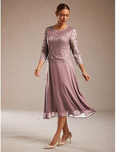  dame midikjole chiffonkjole paljetter elegant bryllupsgjest kveldsfest normal passform ensfarget 3/4-ermet rund hals rosa sommer vår høst vinter