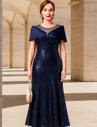  Linjeform Ankellengde Cocktail Kjole Formell kjole Aftenkjole Kortermet Crew-hals Elegant Årgang Fest Spandex Polyester Kjole til brudens mor med Perlearbeid