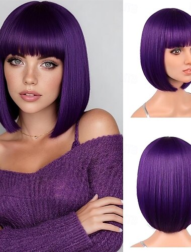  12 Zoll kurze, lila Bob-Perücke mit Pony für Halloween, Alltag und Cosplay &Partytaugliche, hitzebeständige, glatte, synthetische, dunkelviolette Kostümperücken für Karnevalsfeiern