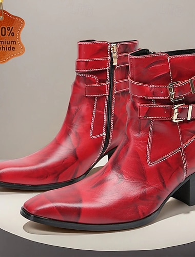  Pánské červené kožené kotníkové boty s dvojitou přezkou – módní podpatek s elegantním designem, ideální pro vánoční setkání a sváteční oslavy s vánoční atmosférou