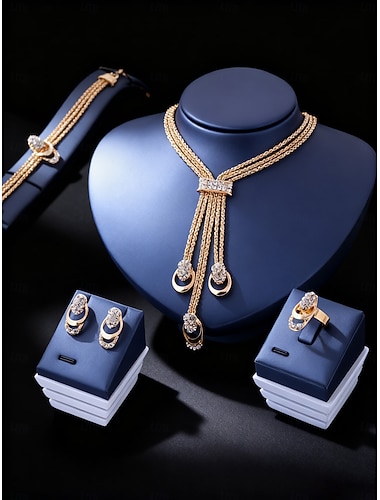  Женский комплект украшений из золотистых кристаллов — элегантное многослойное ожерелье, серьги, браслет и кольцо для свадеб, вечерних вечеринок и официальных образов.