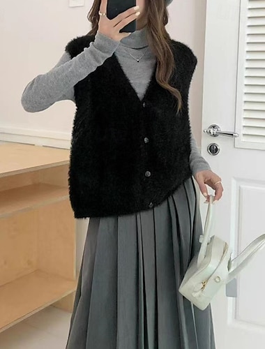  Dámské Svetr Kardigan Šik ven Na běžné nošení Pevná barva Do V Knoflíky Pletený Bez rukávů Běžné topy Plést Denní Dovolená Jdeme ven Černá Světle zelená Podzim Zima