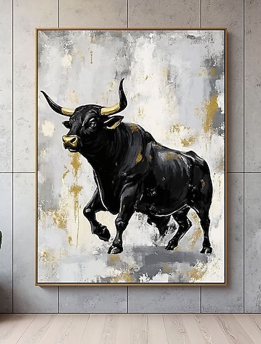  Originales Ölgemälde eines Stiers, handgemaltes abstraktes Wandbild, Stiergemälde auf Leinwand, großes handgemaltes schwarzes Stiergemälde auf Leinwand, abstraktes Stier-Leinwandbild, strukturiertes
