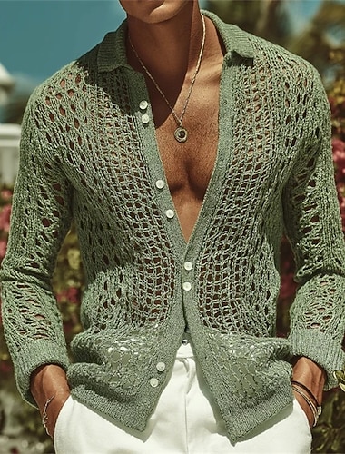  Herren Pullover Strickjacke Gerippt Stricken Normale Oberteile Gestrickt Durchbrochen Einfach Umlegekragen Urlaub Mode Lässig Alltagskleidung Bekleidung Frühling & Sommer Grün S M L